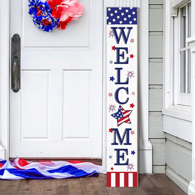 American Flag Welcome Sign for Front Door, USA Flag Wooded Porch Sign For Patio Home Decor Outdoor Yard Sign Standing Welcome Door Sign 4th of July Day Patriotic Garden Sign Wall Decorations