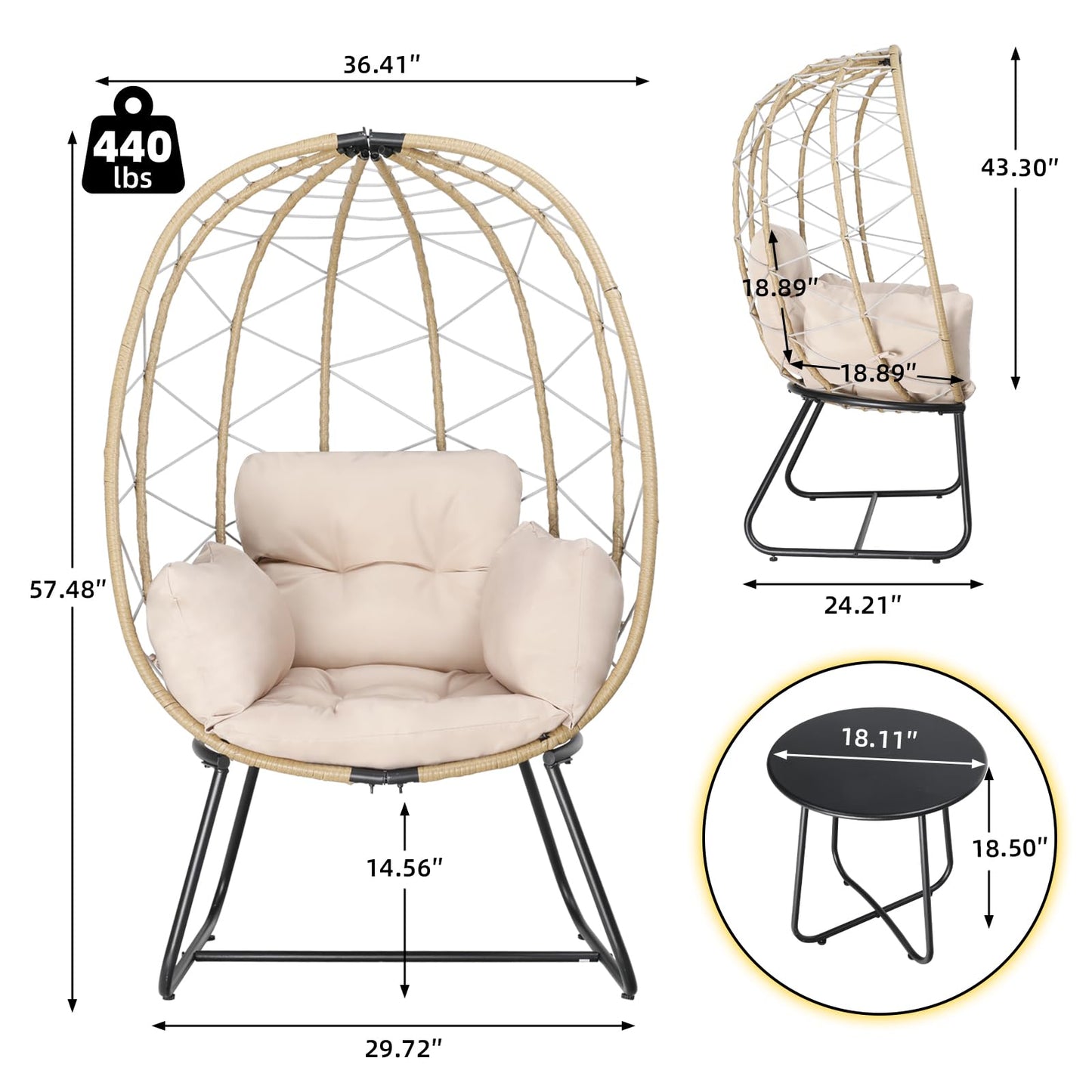 GRAVFORCE Wicker Egg Chair Set, Oversized Indoor Outdoor Lounger Chair with Cushion & Table, Patio Rattan Chair for Backyard, Living Room, Steel Frame, 440lb Capacity - Ivory