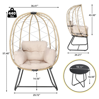 GRAVFORCE Wicker Egg Chair Set, Oversized Indoor Outdoor Lounger Chair with Cushion & Table, Patio Rattan Chair for Backyard, Living Room, Steel Frame, 440lb Capacity - Ivory