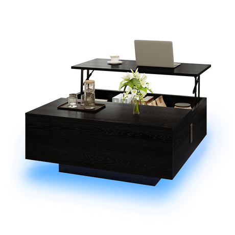 Square Lift Top Coffee Table, 31.5" Wooden Coffee Table with 2 Drawers & Hidden Storage, LED Lights & Charging Station, Mid Century Modern Center Table for Living Room Home Office (Black) YKVIQBY