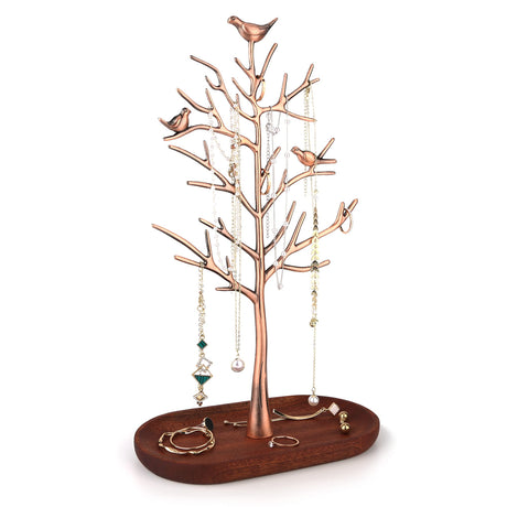 MORE&LESS Branch Jewelry Rack with wood tray,Retro color,Tree Tower Rack Hanging Organizer for Ring Earrings Necklace Bracelet,Suitable for living rooms, bathrooms,offices,etc. MORE&LESS