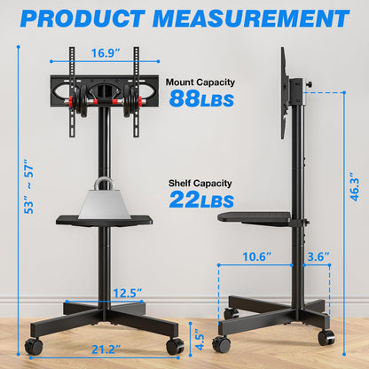 Rfiver Mobile TV Cart for 23-60 Inch LCD LED Flat Panel Curved Screen TVs up to 88 lbs, Height Adjustable Shelf Rolling Floor Stand with Wheels as a Movable Portable Stand, Max VESA 400x400mm