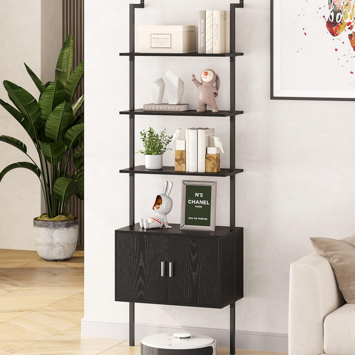 Gadroad 73" Tall Bookshelf with Cabinet, Wall Mounted Industrial Ladder Bookcase with Wood and Metal Frame, 5 Tier Plant Shelf Display Storage Shelves for Living Room Bedroom, Black Gadroad