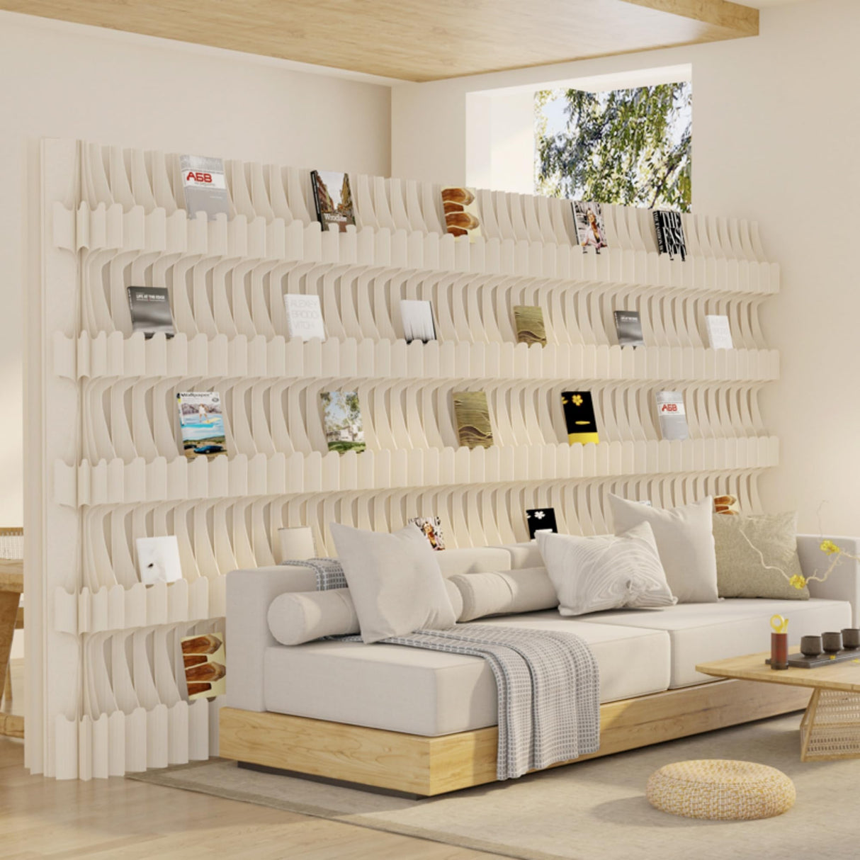 Folding Paper Room Divider Bookshelf with 3 Tier Storage Shelves, Portable DIY Decorative Privacy Screens Partition Wall for Space Separation/Home/Office/Library/Exhibition HELLOPAPO