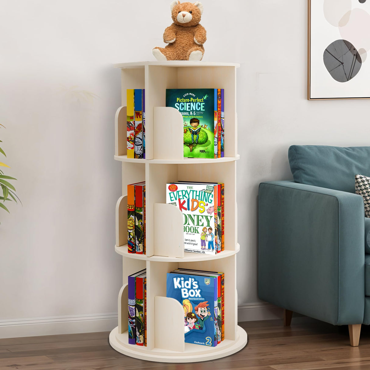 Rotating Kids Bookshelf – 3-Tier 360° Spinning Bookcase Tower, Solid Pine Wood, 12 Cubbies, Toddler Bookshelf Organizer & Lazy-Susan Storage for Nursery, Classroom or Playroom (Natural Finish) Sprinta