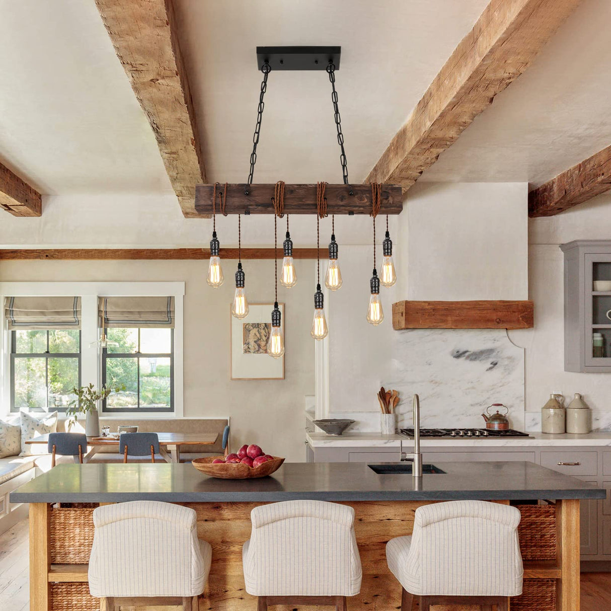 KEESFU 8-Lights Rustic Chandeliers for Dining Room, Farmhouse Wooden Ceiling Pendant Light, Height Adjustable, Rectangle Chandelier for Kitchen Island Dining Room Bar Pool Table Cabin. KEESFU