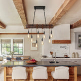 KEESFU 8-Lights Rustic Chandeliers for Dining Room, Farmhouse Wooden Ceiling Pendant Light, Height Adjustable, Rectangle Chandelier for Kitchen Island Dining Room Bar Pool Table Cabin. KEESFU