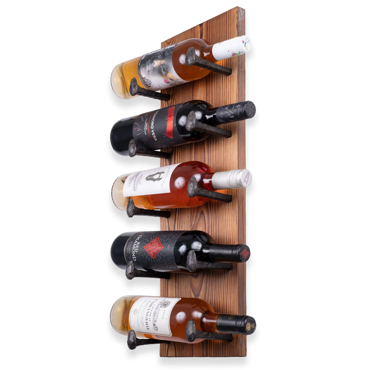 Rustic State Alicante Wall Mounted Reclaimed Wood Vertical Wine Rack Holder Shelf Organizer with Railroad Spike Cast Iron Hooks for 5 Bottles - Home, Kitchen, Dining Room Bar Décor - Walnut Rustic State