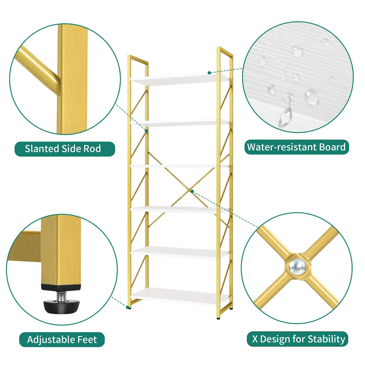 YITAHOME Tall Bookshelf 6 Tier Bookcase, Modern Gold Book Shelf, Open Display Storage Rack Shelves for Living Room/Bedroom/Home/Office/Kitchen, Holder Organizer for Books/Movies, White & Gold YITAHOME