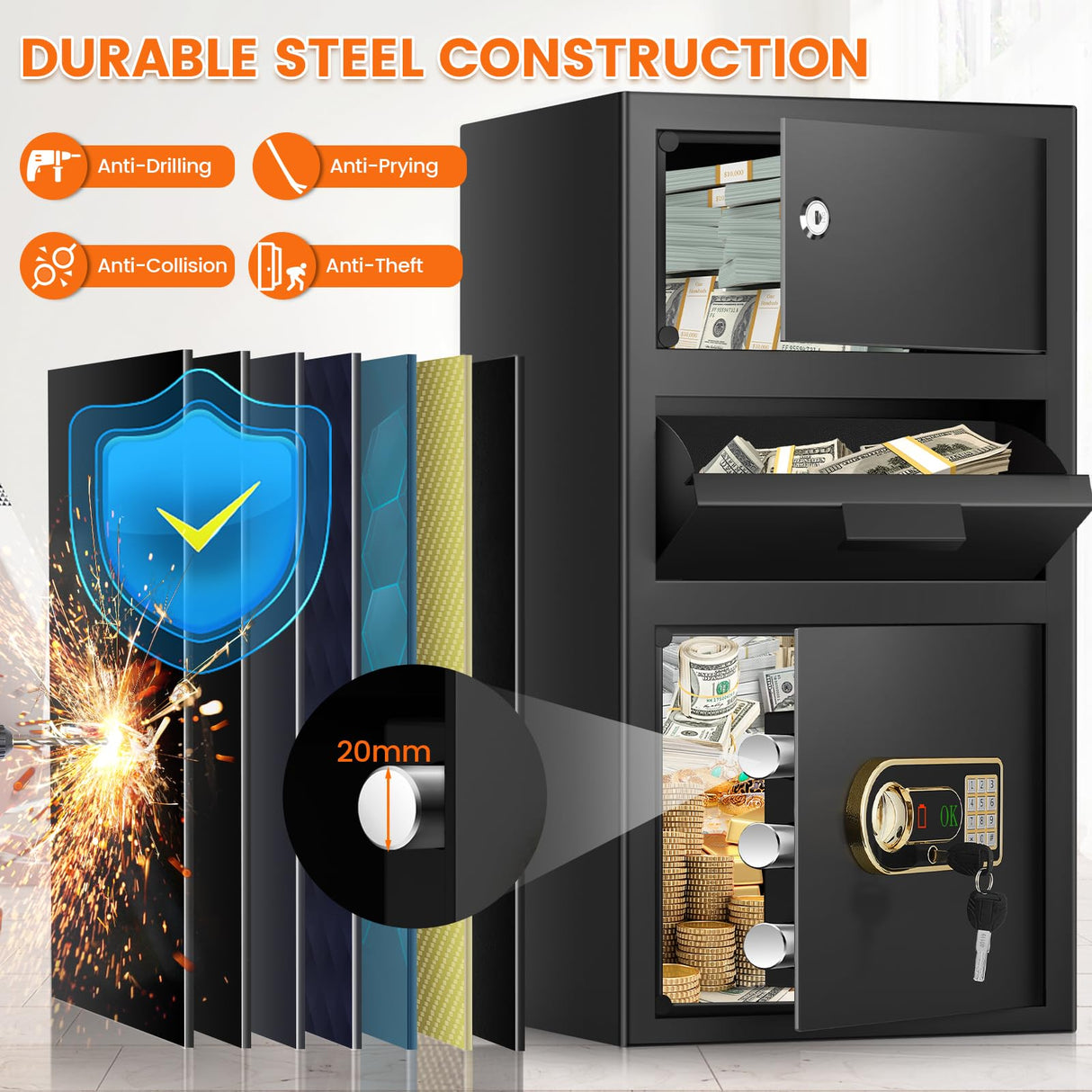 3.6 Cu ft Large Fireproof Drop Safe Box for Business, Anti-Theft Cash Safe Drop Box with Drop Slot, Digital Keypad and Spare Key, Heavy-duty Depository Drop Safe for Home Retail Busines Restaurants Tiskgg