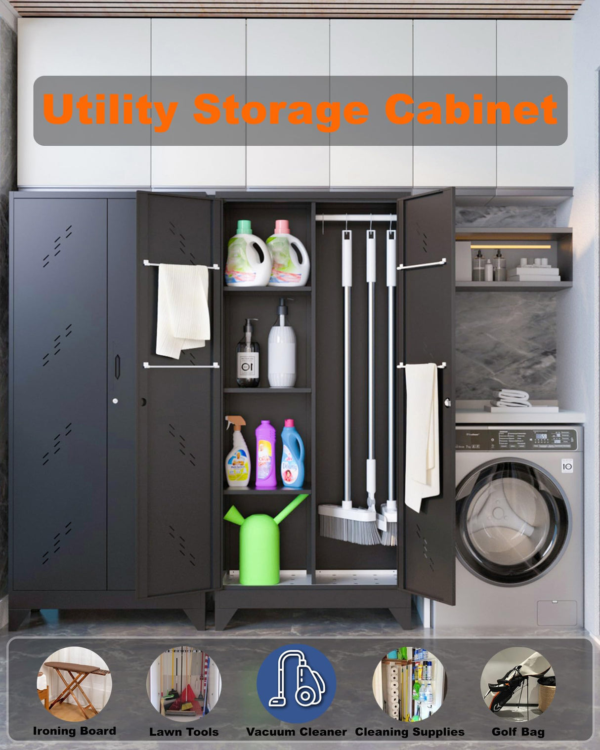 YILFANA Metal Storage Cabinet with Lock, 71" Garage Storage Cabinet with Hanging Rod & S-Hooks, Large Storage Cabinet, Locking Tool Cabinet Utility Closet, Black YILFANA