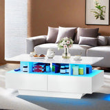 DWVO LED Coffee Table with Storage 4 Drawers, Modern High Glossy Coffee Tables for Living Room, White Rectangle Coffee Table Small Center Table with Open Display Shelf & Sliding Drawers, White DWVO