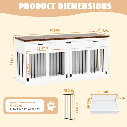 71 inches Extra Large Dog Crate Furniture for 2 Dogs Indoor Wooden Dog Kennel Furniture Large Breed Heavy Duty Dog Crates TV Stand with Removable Divider White