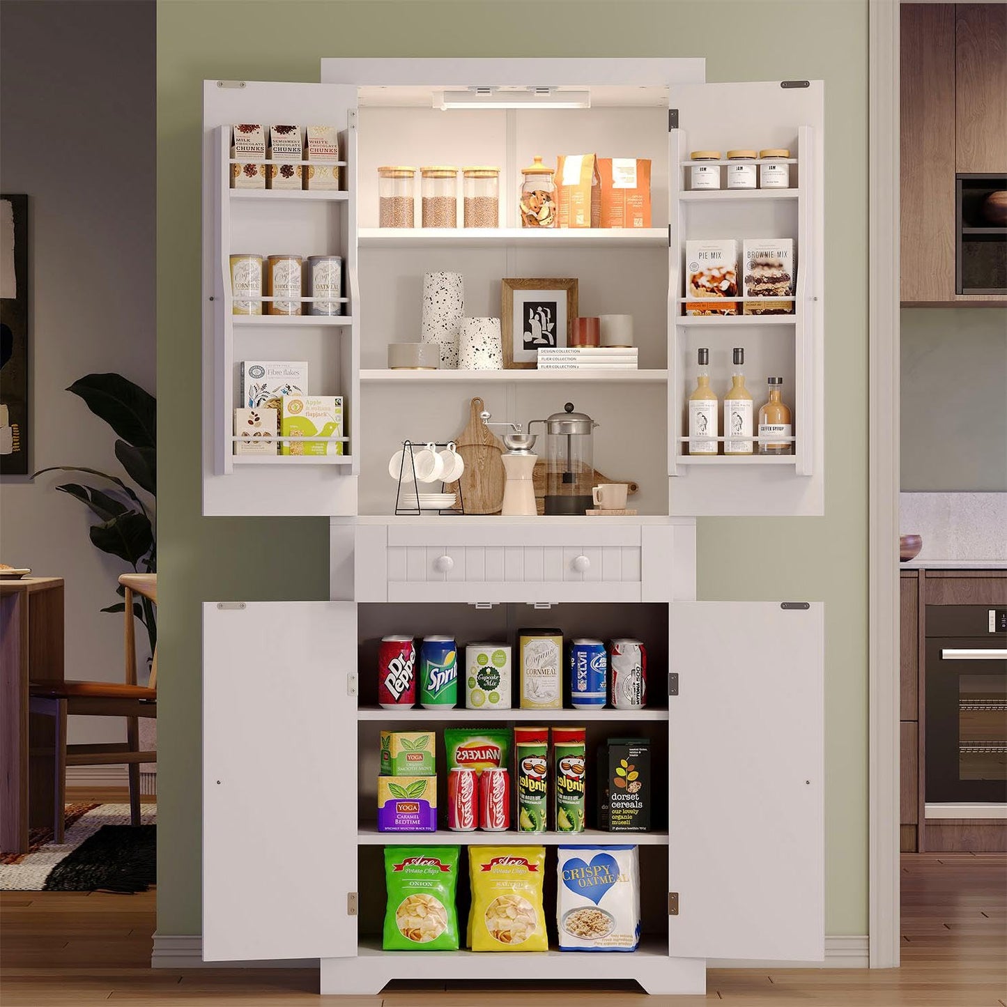 Bestier 72" Tall Kitchen Pantry Cabinet with Doors, Adjustable Shelves & Drawer, Food Pantry Storage Cabinet with Motion Sensor Light, Freestanding Cupboards for Dining/Laundry Room,Bathroom, - WoodArtSupply