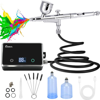 Slskbut Airbrush Kit with Air Compressor 4-Gear Adjustable, 32 PSI High Pressure Air Brush Set, Dual-Action Rechargeable Airbrush Spray Gun Set, Ideal for Painting, Cake Decor, Makeup, Nail Art, Model