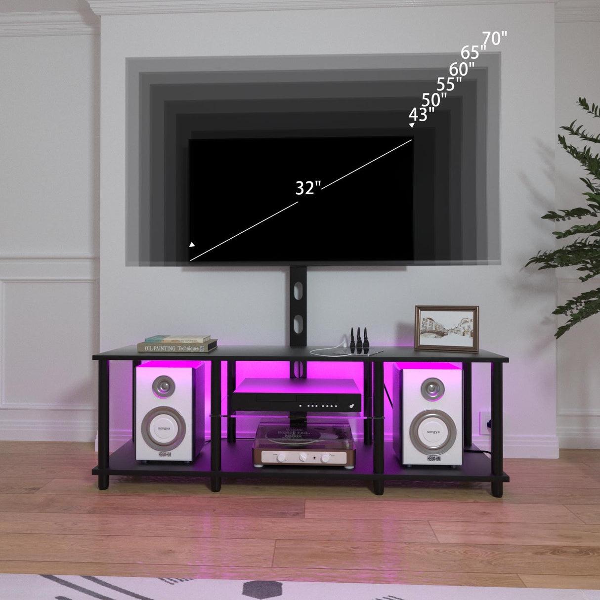 TV Stand with Mount and Led Light，Black TV Stand with Power Outlets for 32/40/43/50/55/60/65/70 Inch TV,Entertainment Center with Open Storage Shelf for Bedroom/Living Room/Office Lazyvan