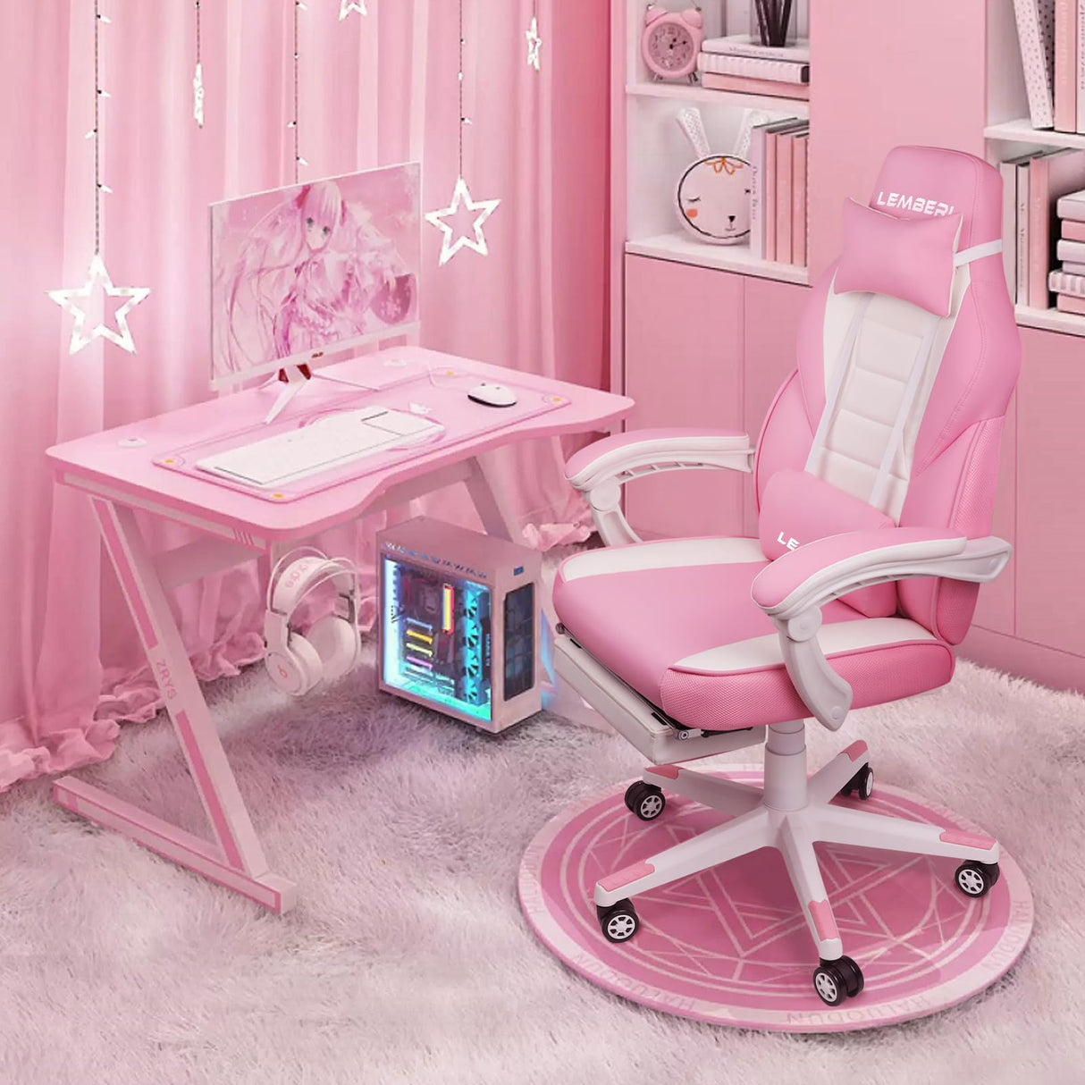 LEMBERI Pink Gaming Chair with footrest, Kawaii Cute Pink Gamer Chair for Girl,Girls Video Game Chairs,Computer Gaming Chair with Headrest and Lumbar Support LEMBERI
