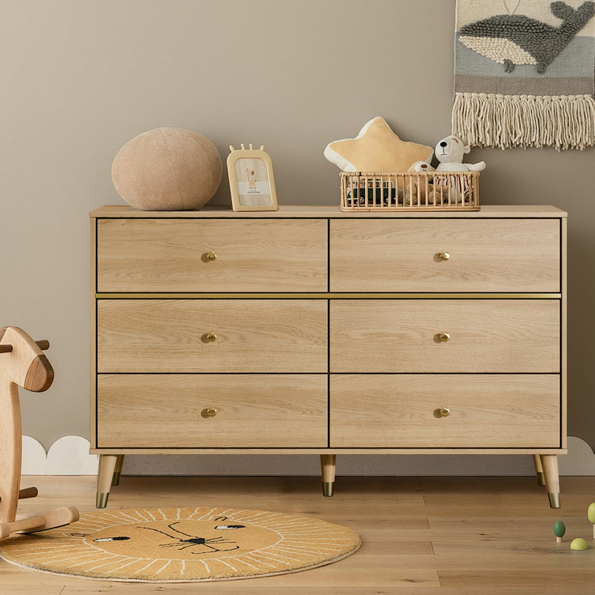 Chrangmay Dresser for Bedroom with 6 Drawers,47" Wide Modern Chest of Drawers with Metal Handle,Wooden Dresser TV Stand,Wood Closet Clothes Storage Organizer for Living Room,Hallway,Oak Chrangmay