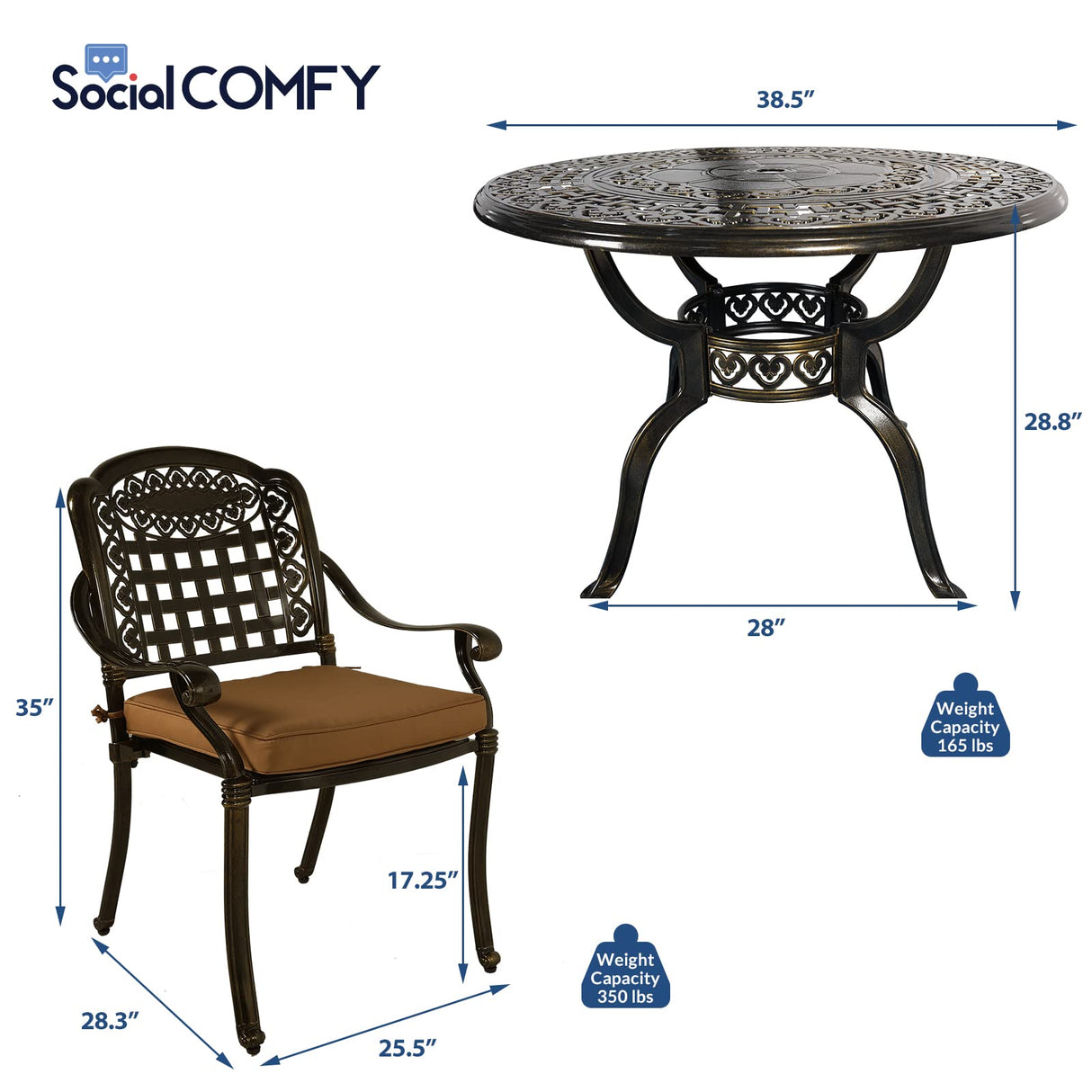 SOCIALCOMFY 5-Piece Outdoor Patio Dining Set, All-Weather Cast Aluminum Furniture Conversation Set, Include 4 Cushioned Chairs and a 38.5” Round Table with Umbrella Hole for Balcony, Lawn, Khaki SOCIALCOMFY