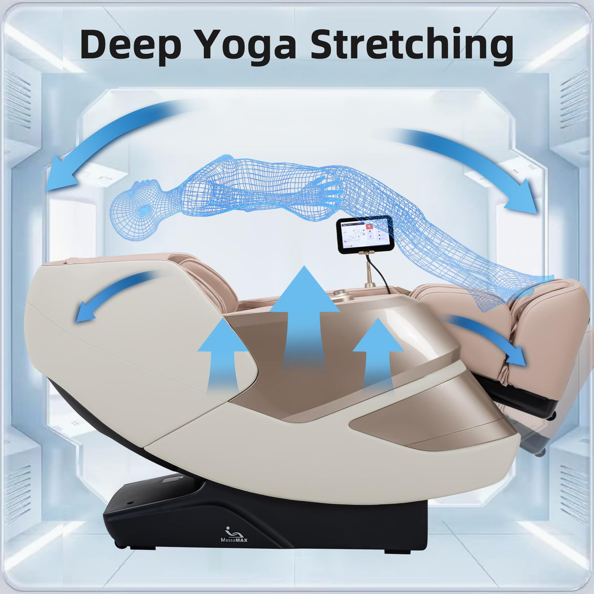 MassaMAX MT339 4D Massage Chair, Full Body Shiatsu Recliner with Electric Extendable Footrest, Zero Gravity, SL Track, Deep Yoga Stretch, 15 Modes, AI Voice Control, Foot Rollers, and Heating (Golden) MassaMAX