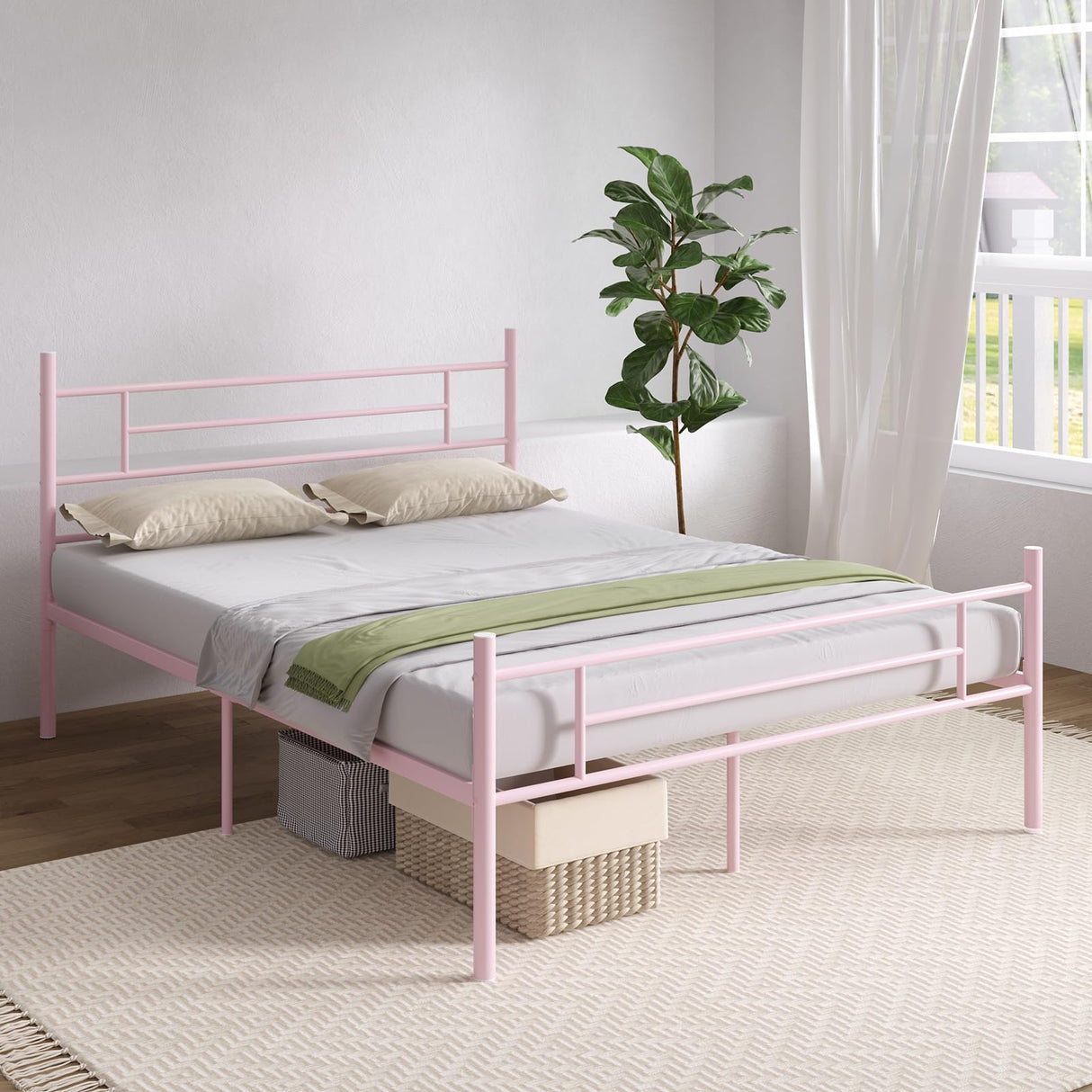 Novilla Queen Bed Frame with Headboard and Footboard, 14 Inch Metal Platform Bed Frame with Under Bed Storage, No Box Spring Needed, Strong Metal Slats Support, Pink Novilla