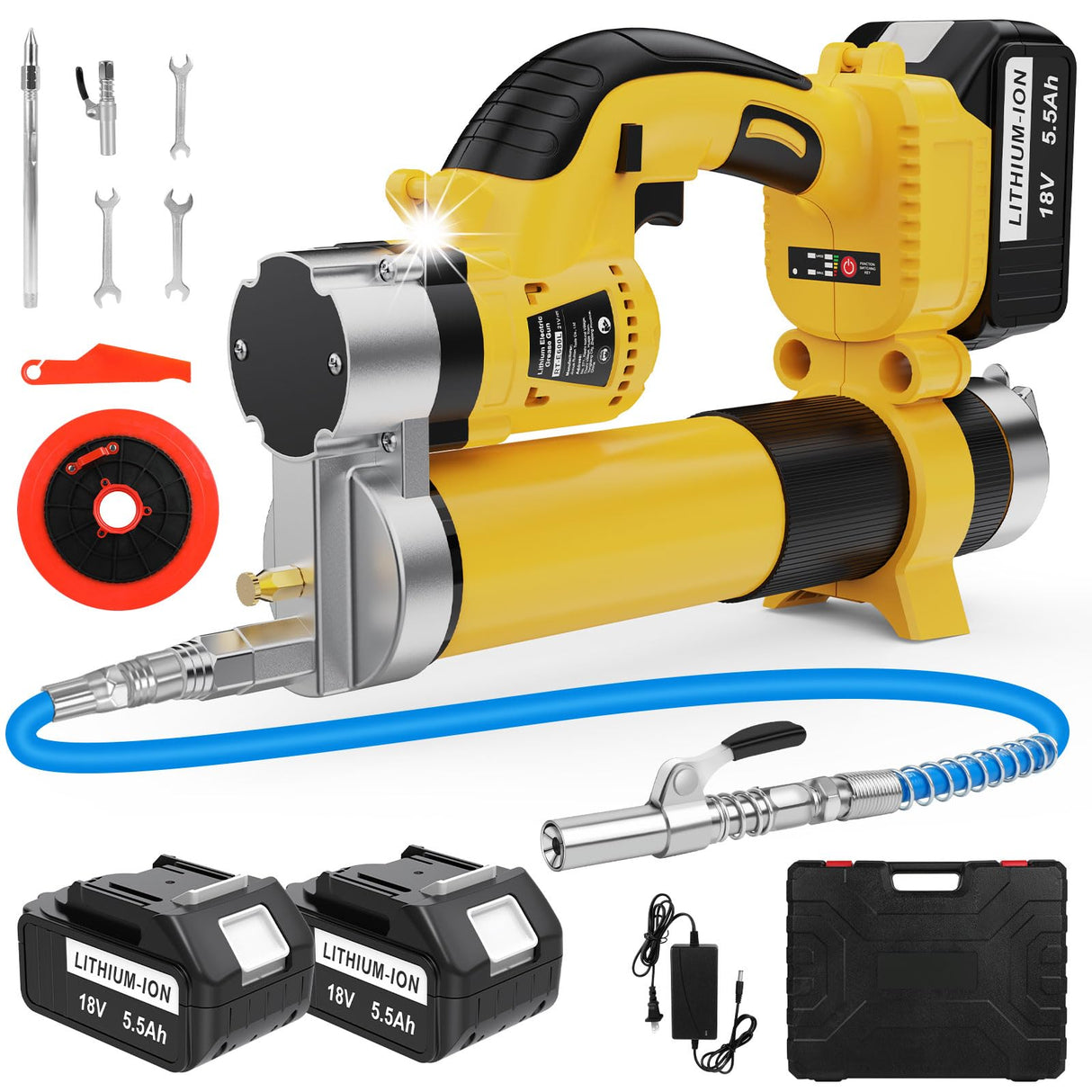 Electric Grease Gun Battery Powered, Automatic Cordless Grease Gun Kit with 2 Batteries & Charger, 5.5 Ah, LED Light, 12000PSI, 3-Speed Triggers, 19.7'' Flex Hose, for Automotive Marine Farm Equipment DEJUNPIOOL
