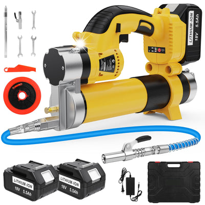 Electric Grease Gun Battery Powered, Automatic Cordless Grease Gun Kit with 2 Batteries & Charger, 5.5 Ah, LED Light, 12000PSI, 3-Speed Triggers, 19.7'' Flex Hose, for Automotive Marine Farm Equipment