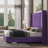 Jocisland King Size Bed Frame with 58" Tall Headboard, Velvet Upholstered Platform Bed with Channel Tufted Wingback Headboard and Plating Trim, No Box Spring Needed, Purple Jocisland
