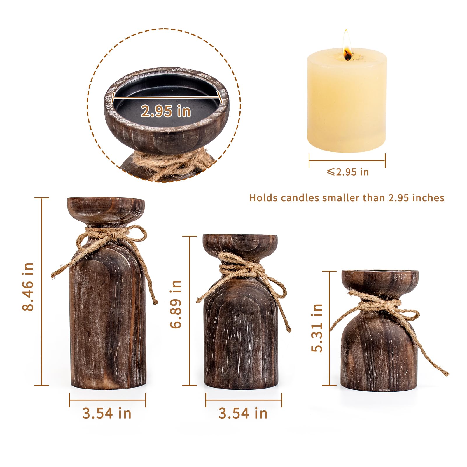 Farmhouse Wooden Candle Holders for Pillar Candles, Brown Distressed Set of 3 Rustic Wood Pillar Wood Candle Stands with Hemp Rope Bow Table Centerpiece Decor for Fireplace, Living, and Dinin - WoodArtSupply