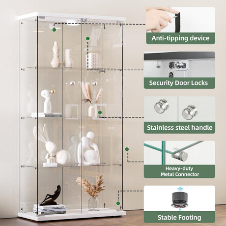 HAMBING Glass Display Cabinet with LED Lights and Lock, 4-Shelf Tempered Glass Curio Cabinet with 2 Doors, Collectible Display Showcase for Living Room, Bedroom – White HAMBING