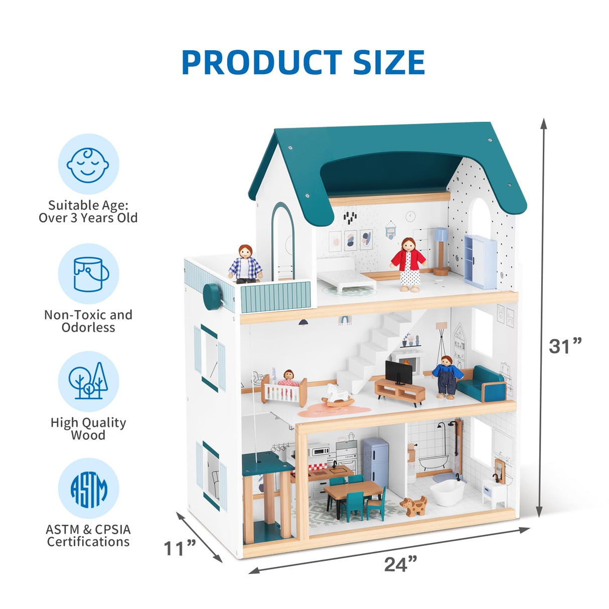 OOOK Wooden Dollhouse with Liftable Elevator - 2.6 Feet High Modern Doll House for Kids Toddlers - Including 21 Furniture Pieces, 4 Family Dolls, and OOOK