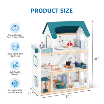 OOOK Wooden Dollhouse with Liftable Elevator - 2.6 Feet High Modern Doll House for Kids Toddlers - Including 21 Furniture Pieces, 4 Family Dolls, and