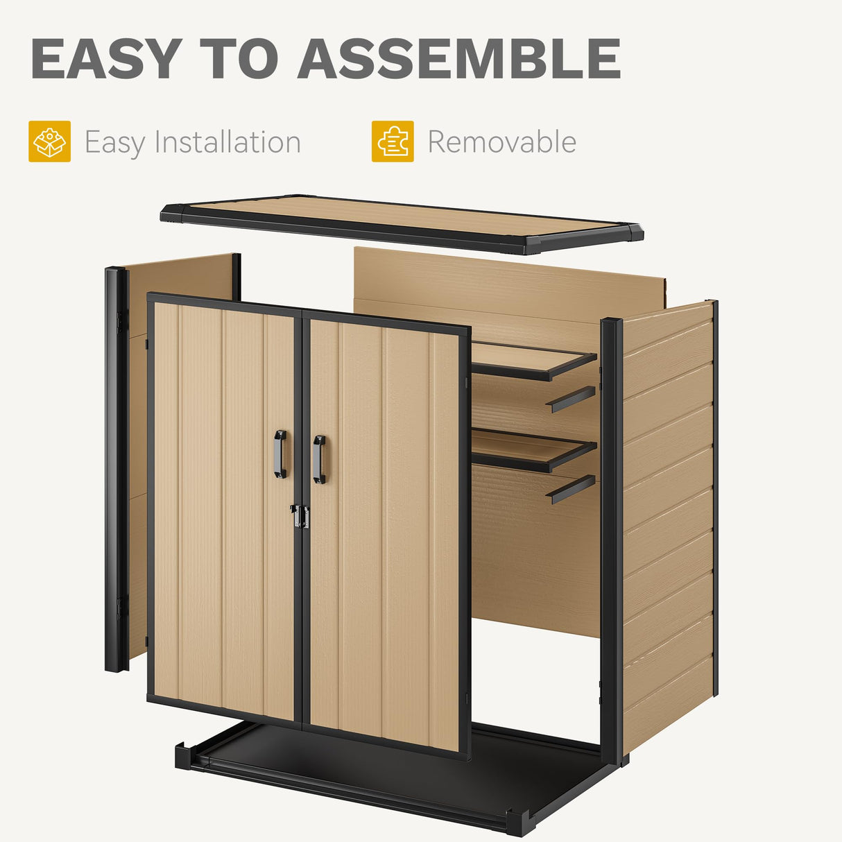 DWVO Outdoor Storage Shed with 2 Shelves, 51 Cu Ft Waterproof Resin Garden Shed with Floor & Lockable Door, Plastic Tool Cabinet for Garbage Cans, Lawn Equipment, Garden Supplies (Brown) DWVO