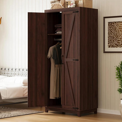 HYDUZ 70" Tall Bedroom Armoire with Hanging Rod for Hanging Clothes, Farmhouse Wooden Wardrobe Closet with Door, Tall Freestanding Clothing Storage Cabinet with Shelf, Espresso