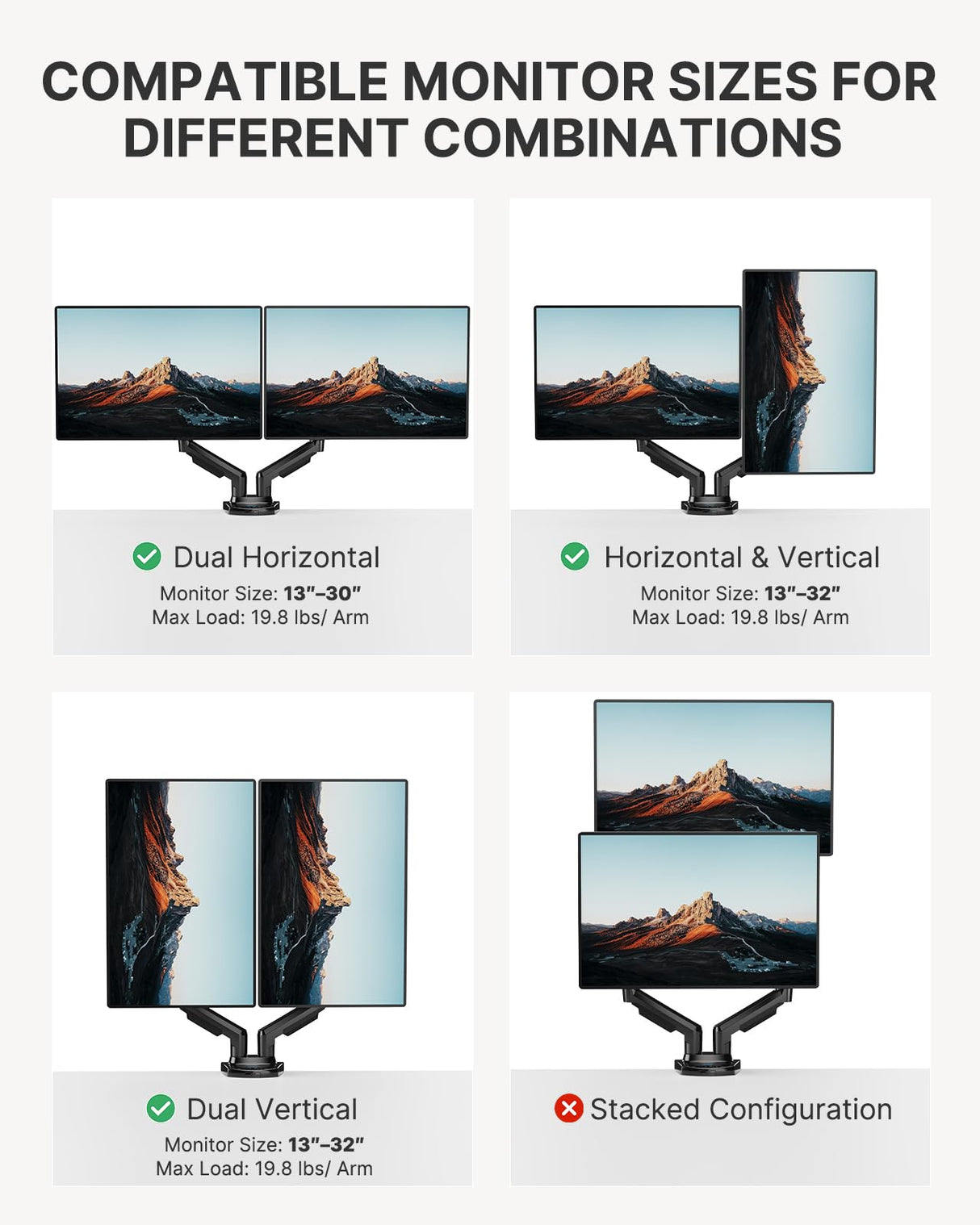 HUANUO Dual Monitor Stand - Full Adjustable Monitor Desk Mount Swivel Vesa Bracket with C Clamp, Grommet Mounting Base for 13 to 32 Inch Computer Screens - Each Arm Holds 4.4 to 19.8lbs HUANUO