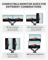 HUANUO Dual Monitor Stand - Full Adjustable Monitor Desk Mount Swivel Vesa Bracket with C Clamp, Grommet Mounting Base for 13 to 32 Inch Computer Screens - Each Arm Holds 4.4 to 19.8lbs HUANUO