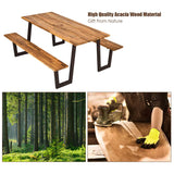 Giantex Picnic Table Bench Set with Umbrella Hole, Outdoor Dining Table Set, 70'' Acacia Wood Picnic Beer Table with Metal Frame Patented Giantex