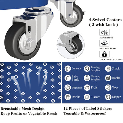 UDEAR 3-Tier Rolling Utility Cart with 12 Category Labels,Multifunctional Storage Shelves with Handle and Lockable Wheels for Room,Office,Kitchen,Bathroom,Blue