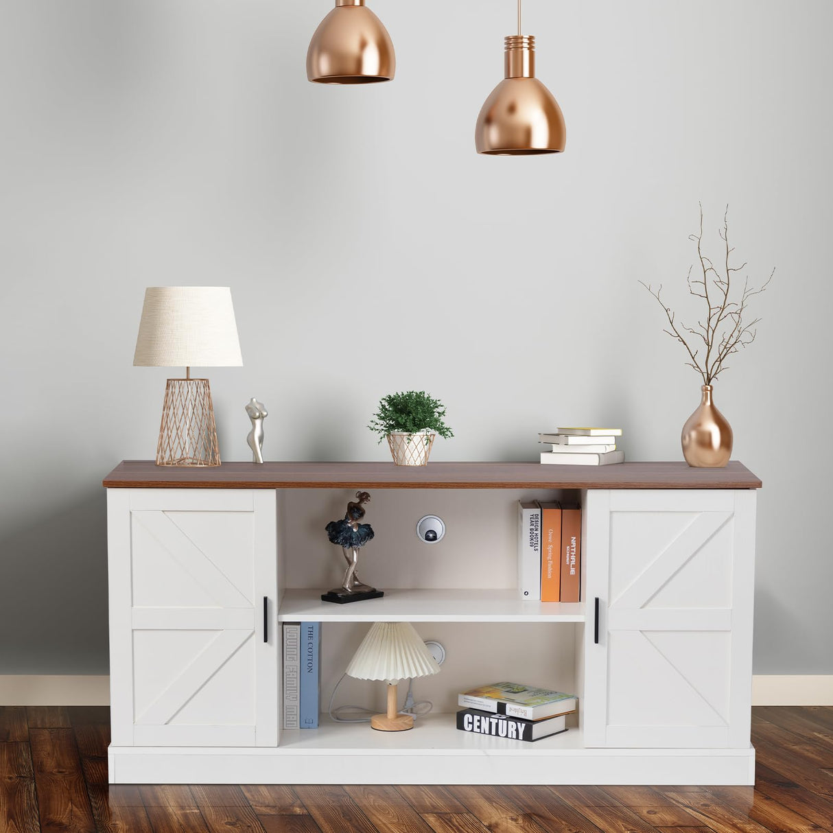 HollyHOME TV Stand for TVs up to 65”, Wood Entertainment Center with Adjustable Storage Shelves, Media TV Console Table for Living Room and Bedroom, White HollyHOME