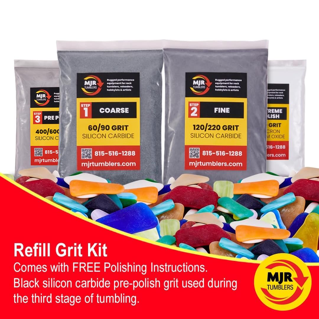 MJR Tumblers Refill Grit Kit w Premium Quality Extreme Polish 12,000 Grit Sub Micron Aluminum Oxide Polish for Unparalleled Result. for 6lb Rock Tumblers w Silicon Carbide, Disabled and Veteran Owned MJR Tumblers