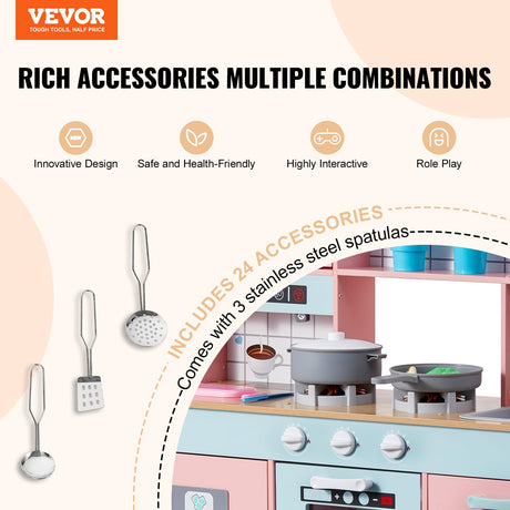 VEVOR Wooden Play Kitchen Toy, Play Kitchen for Kids with Lights and Sounds, Toddler Kitchen with Ice Maker, Oven, Sink, Microwaves, Fridge and Utensil and Fruit Accessory for Toddlers Ages 3-8, Pink VEVOR