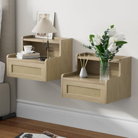 Giluta Floating Nightstand Set of 2 with Drawer & Open Shelf, Small Bedside Table Floating Night Stand for Bedroom Wood Wall Mounted Nightstands Giluta