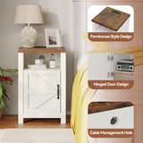MXV Farmhouse Nightstands with Charging Station, End Tables Set of 2 with Barn Door, Sofa Side Table with Storage Space for Bedroom, Living Room (White) MXV