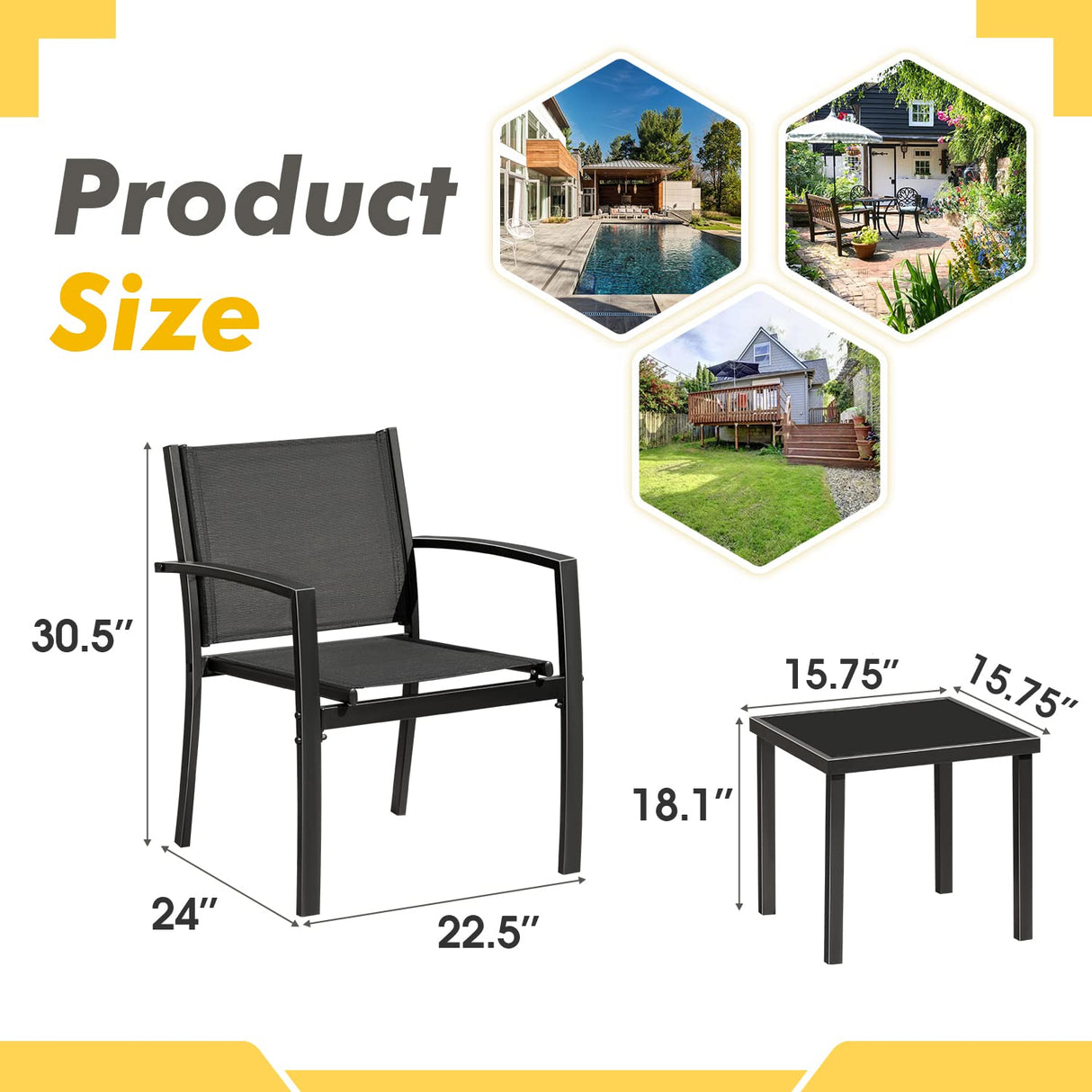 Greesum 3 Pieces Patio Furniture Outdoor Bistro Set Textilene Fabric Chairs for Lawn, Garden, Balcony, Poolside with A Glass Coffee Table, Black Greesum