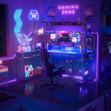 armocity 63'' L Shaped Gaming Desk with LED Lights & Power Strips, Reversible Gaming Table Desk with Hutch, L-Shaped PC Gaming Desk with Storage Shelves, L Desk for Gaming with Monitor Stand, Black armocity