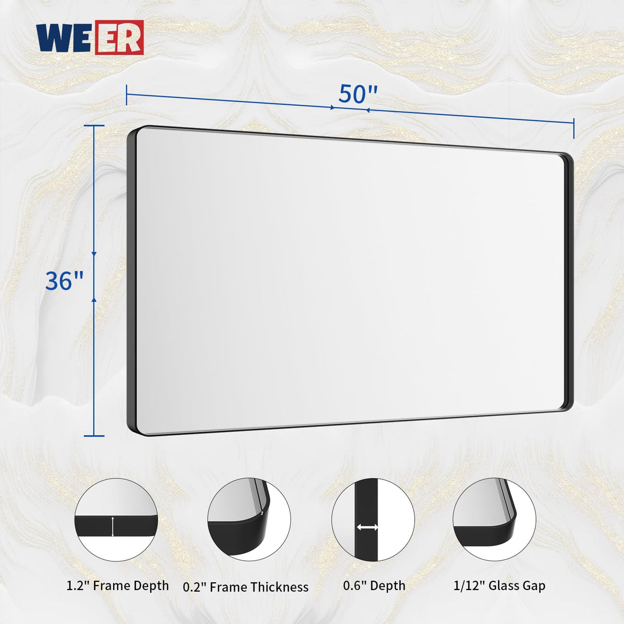 WEER Black Bathroom Mirror for Wall, 50X36 Inch Matte Black Mirror, Rectangular Black Metal Framed Vanity Mirror with Tempered Glass, Rounded Corner, Anti-Rust (Horizontal/Vertical) WEER