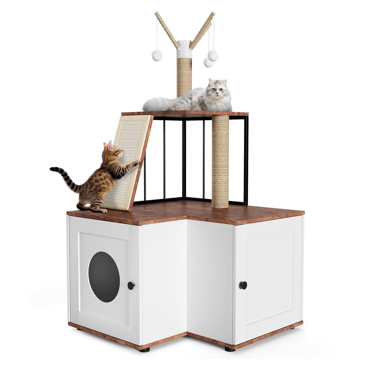 Cat Tree Litter Box Enclosure Hidden Litterbox, Large Tall Cat Tower for Indoor Cats Large Adult, 2 in 1 Multi Level 48.8 Inch Wooden Furniture with Scratching Post, Hanging Balls for Pets Attracoast