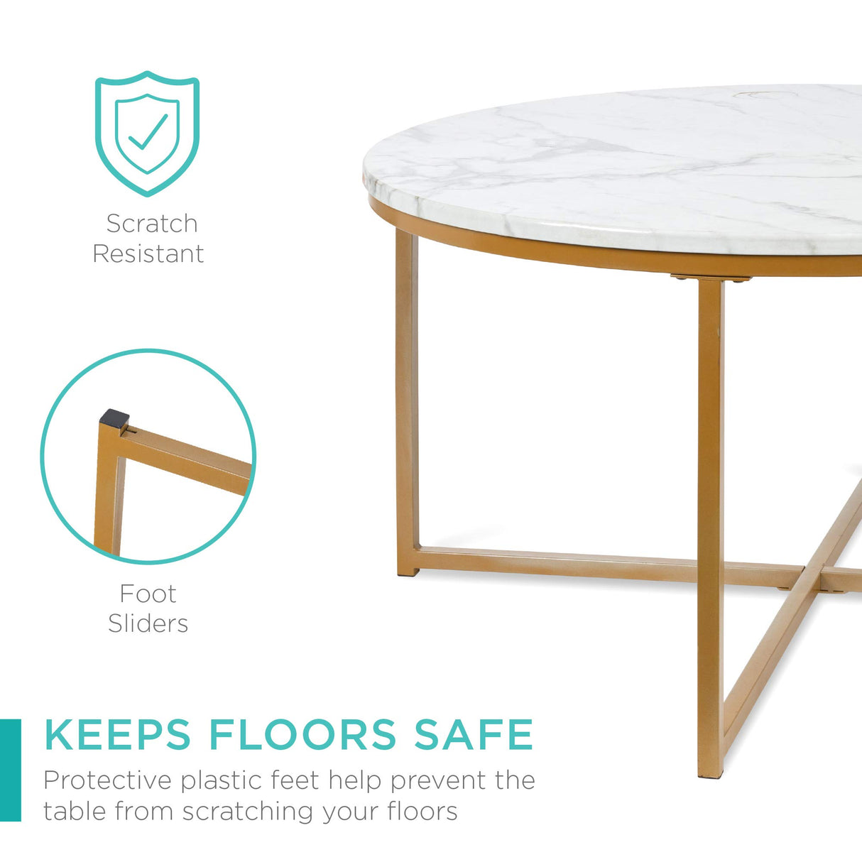 Best Choice Products 36in Faux Marble Accent Table, Modern End Table, Large Coffee Table Home Decor for Living Room, Dining Room, Tea, Coffee w/Metal Frame, Foot Caps, Designer - White/Gold Best Choice Products
