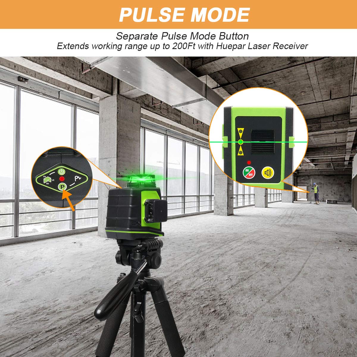 Huepar 3D Green Beam Self-Leveling Laser Level 3 x 360 Cross Line Three-Plane Leveling and Alignment Tool -Two 360 Vertical and One 360 Horizontal Line -Magnetic Pivoting Base GF360G Huepar