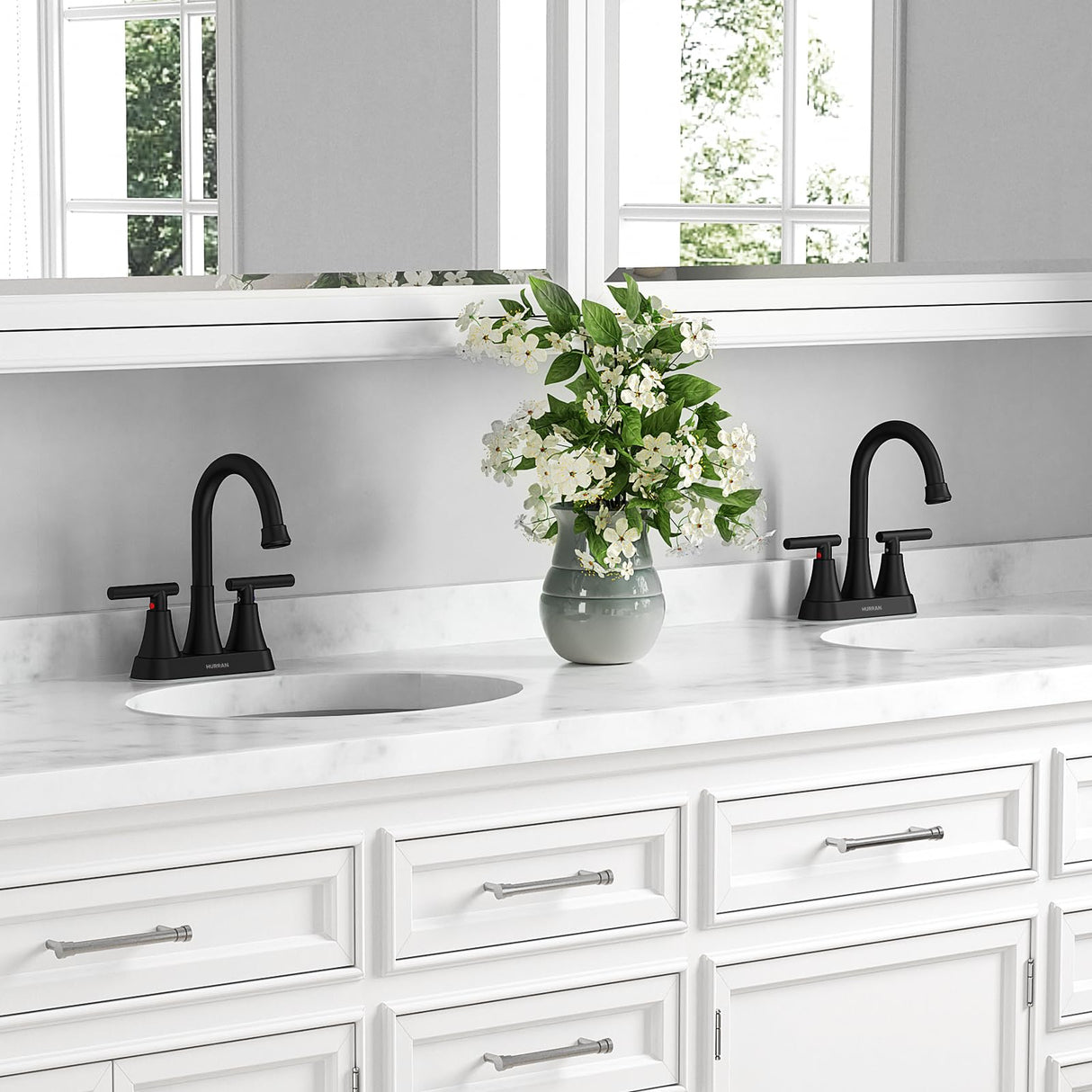 Bathroom Faucets for Sink 3 Hole, Hurran 4 inch Matte Black with Pop-up Drain and 2 Supply Hoses, Stainless Steel Lead-Free 2-Handle Centerset Faucet for Sink Vanity Hurran